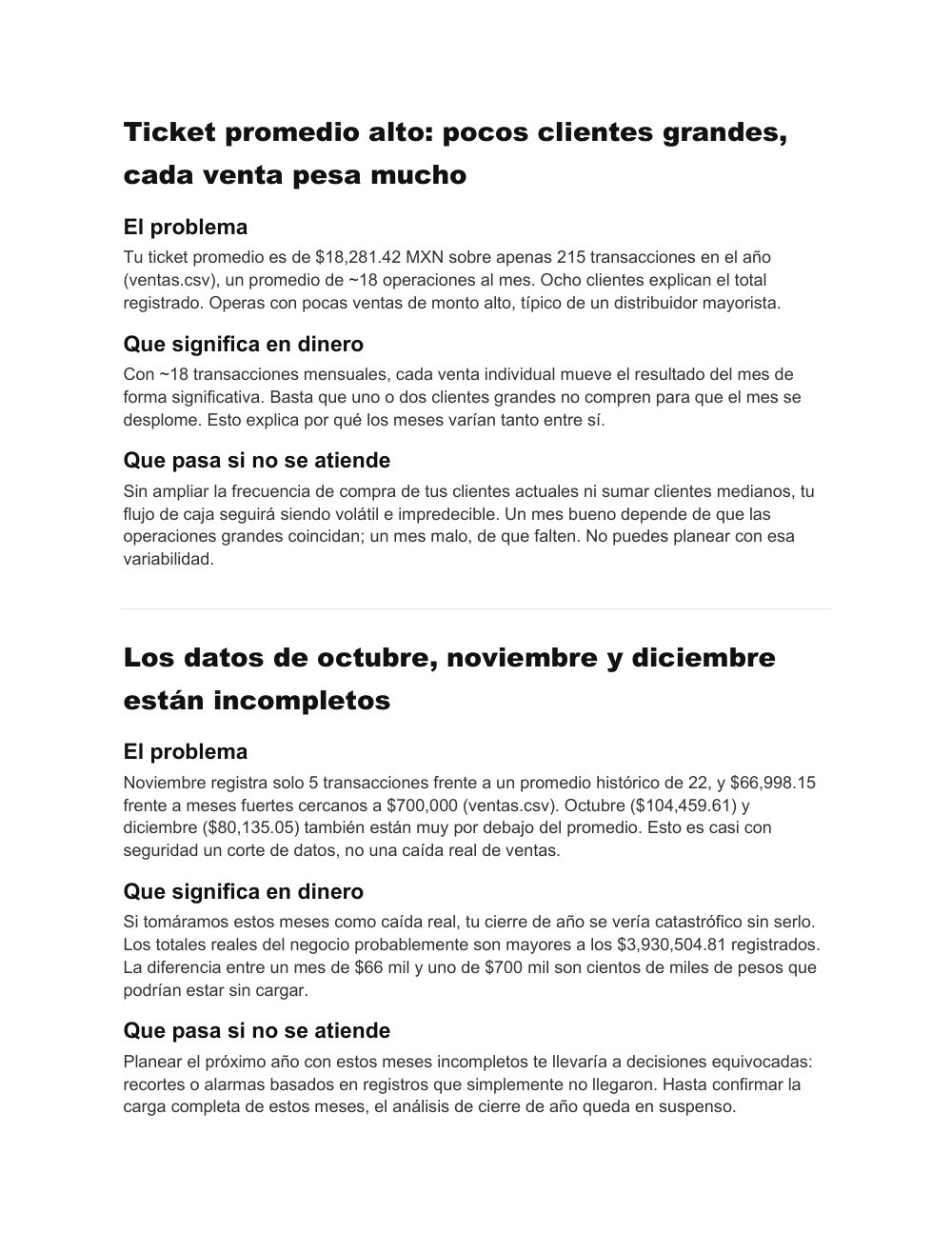 Página del informe: un hallazgo con su problema y su causa